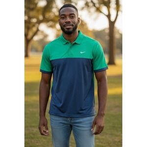 Nike Golf Polo Shirt‎ Men's Medium Green Navy Dri FIT Colorblock Athletic Active